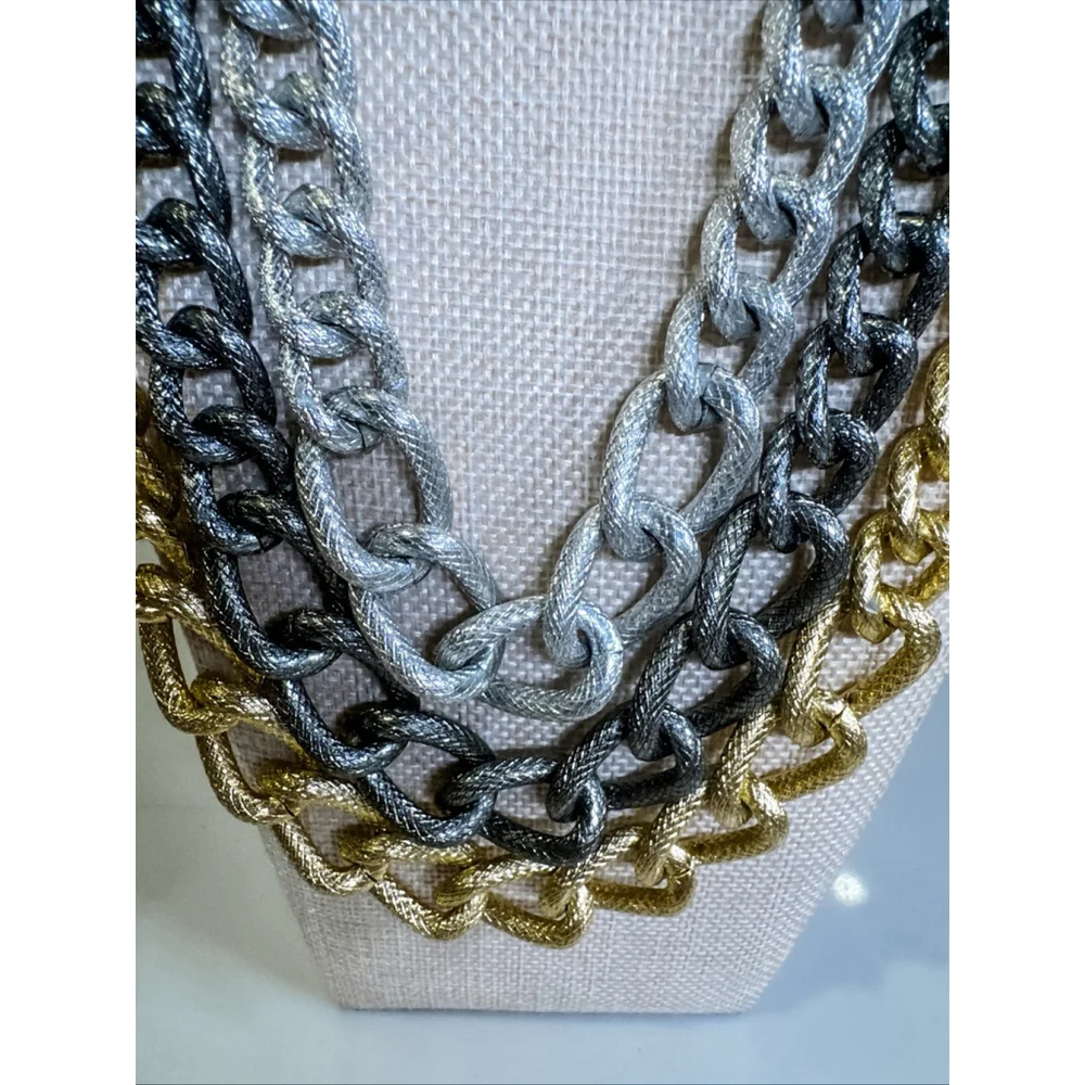 Bright, Gold, Silver, Black Triple Chain, 22 Inches - Picture 3 of 7